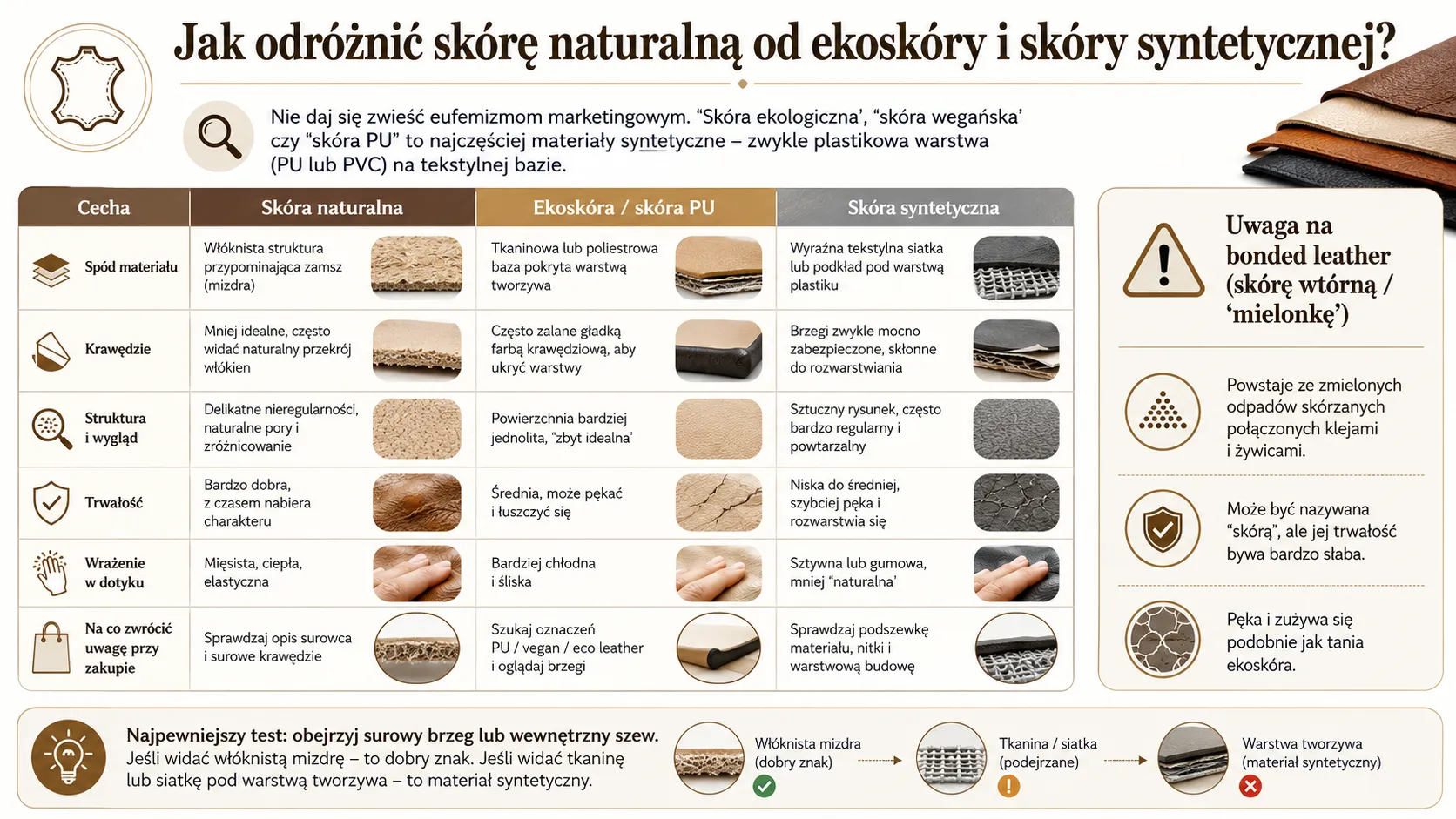 Jak odróżnić skórę naturalną od ekoskóry i skóry syntetycznej?