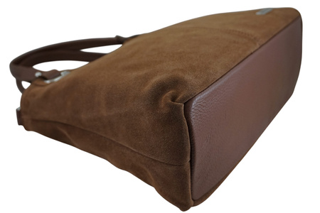Duża elegancka torebka z naturalnej skóry i zamszu - Brązowa