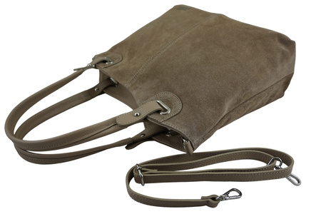 Duża elegancka torebka z naturalnej skóry i zamszu - Beżowa 