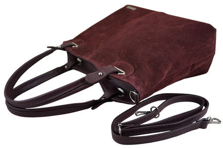 Duża elegancka torebka z naturalnej skóry i zamszu - Bordowa