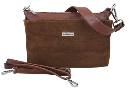 Pojemna torebka listonoszka ze skóry i zamszu - Brązowa