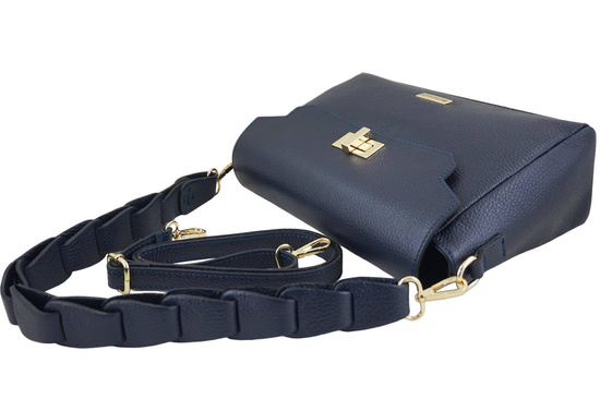 Skórzana torebka na ramię z plecionym paskiem - Granatowa