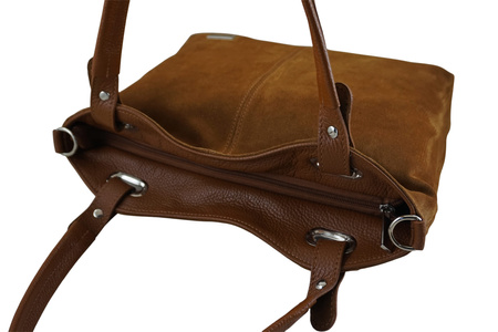 Duża elegancka torebka z naturalnej skóry i zamszu - Brązowa jasna