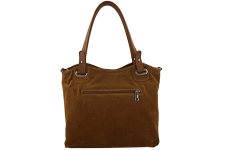 Duża elegancka torebka z naturalnej skóry i zamszu - Brązowa jasna