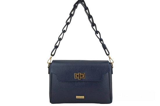 Skórzana torebka na ramię z plecionym paskiem - Granatowa