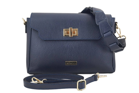 Skórzana torebka na ramię z plecionym paskiem - Granatowa