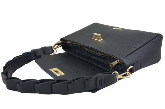 Skórzana torebka na ramię z plecionym paskiem - Czarna