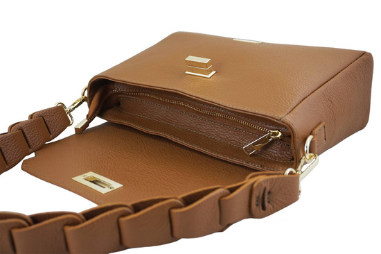 Skórzana torebka na ramię z plecionym paskiem - Brązowa jasna 