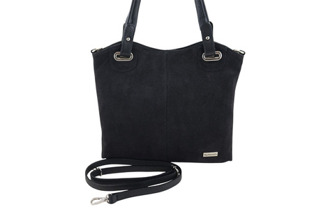 Duża elegancka torebka z naturalnej skóry i zamszu - Czarna