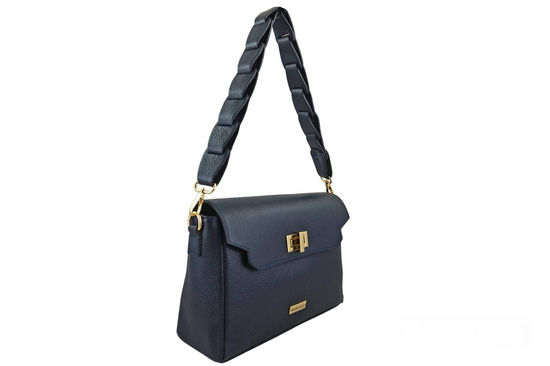 Skórzana torebka na ramię z plecionym paskiem - Granatowa