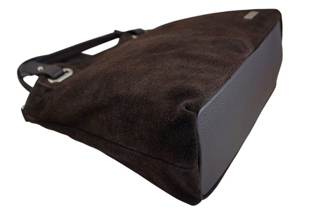 Duża elegancka torebka z naturalnej skóry i zamszu - Brązowa ciemna