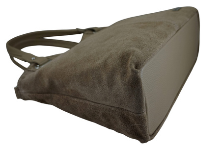 Duża elegancka torebka z naturalnej skóry i zamszu - Beżowa 