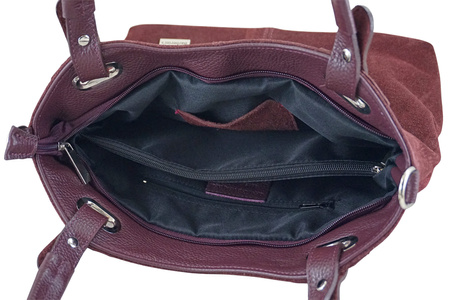 Duża elegancka torebka z naturalnej skóry i zamszu - Bordowa