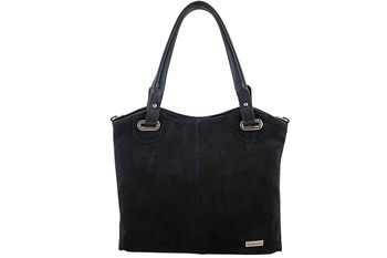 Duża elegancka torebka z naturalnej skóry i zamszu - Czarna