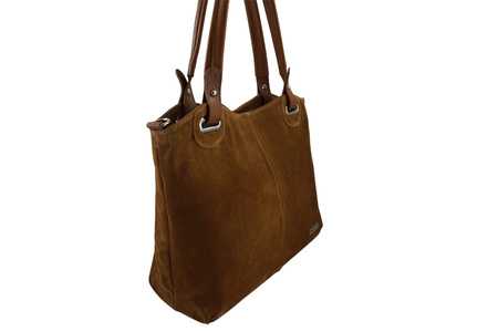 Duża elegancka torebka z naturalnej skóry i zamszu - Brązowa jasna