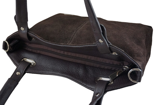 Duża elegancka torebka z naturalnej skóry i zamszu - Brązowa ciemna 