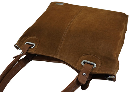 Duża elegancka torebka z naturalnej skóry i zamszu - Brązowa jasna