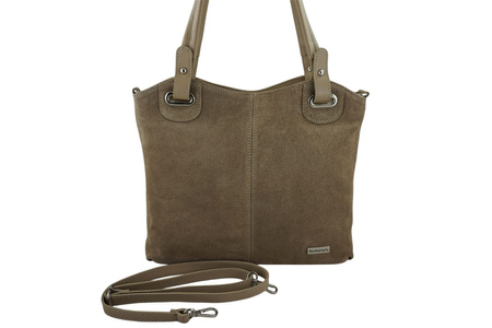 Duża elegancka torebka z naturalnej skóry i zamszu - Beżowa 