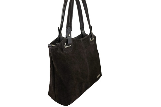 Duża elegancka torebka z naturalnej skóry i zamszu - Brązowa ciemna 