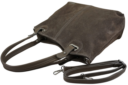 Duża elegancka torebka z naturalnej skóry i zamszu - Beżowa ciemna