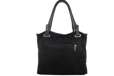 Duża elegancka torebka z naturalnej skóry i zamszu - Czarna